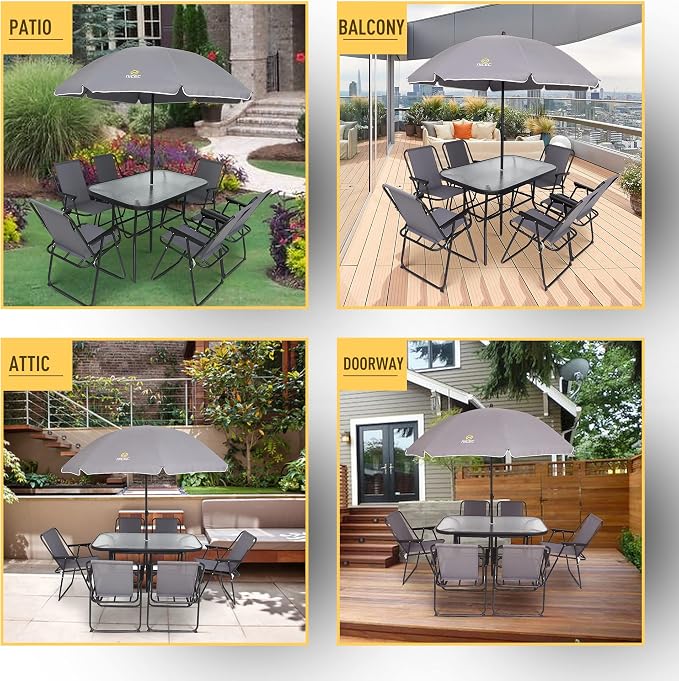 Nice C Outdoor Dining Sets, Patio Furniture Set, 8 Piece Set with Umbrella, Garden Outdoor Furniture Table Set with Removable Umbrella, Glass Table, and 6 Folding Chairs (Grey)