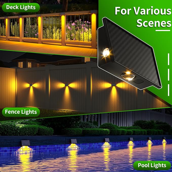 JSOT Deck Step Lights 4 Pack for Outside Fence, Wall, Stair, Patio, Garden, Backyard Decor with 5 Lighting Modes, Solar Light Outdoor Waterproof Bright LED with Lens (Warm Light)
