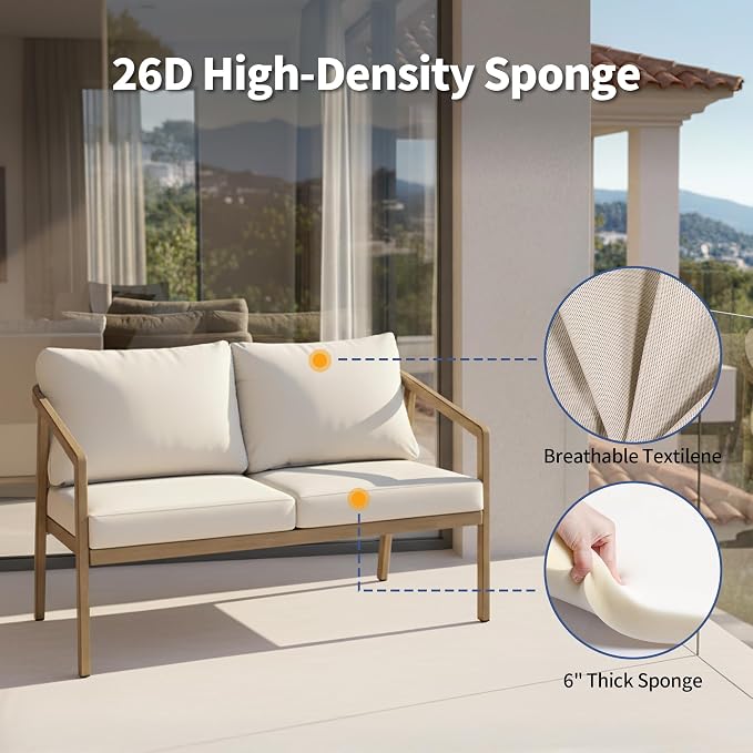 Outdoor Patio Loveseat Sofa, Aluminum 2-Seater Conversation Set with Washable Thick Cushions, Never-Rust Modern Garden Couch Bench for Porch, Poolside, Backyard (Brown+Beige)