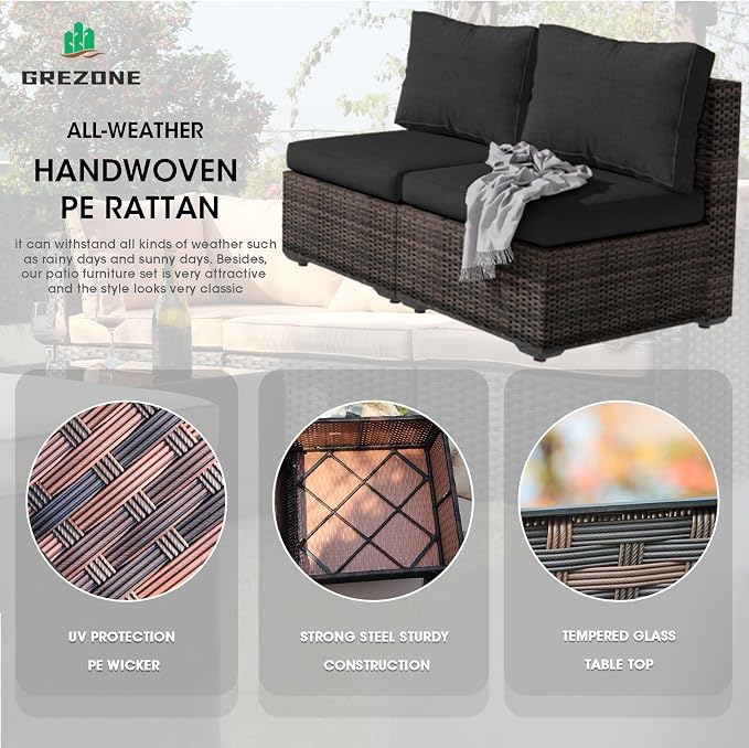 Outdoor Sectional Furniture, 5 Piece Patio Furniture Set with 42-inch Fire Wicker Propane Fire Pit Table - All Weather Wicker Rattan Sofa Conversation Set for Backyard Lawn Poolside Deck, Black