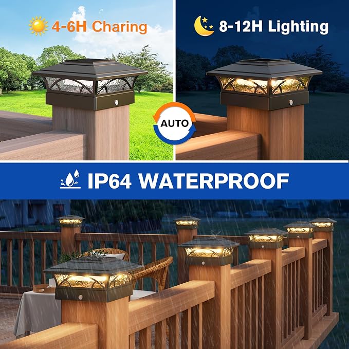 APONUO Solar Post Cap Lights 6 Pack - 4x4 5x5 6x6 Fence Post Lights, Auto On/Off, Waterproof IP64, 2-Mode (Warm/Cool White), Deck Patio Yard Solar Light for Wood & Vinyl Posts, Black