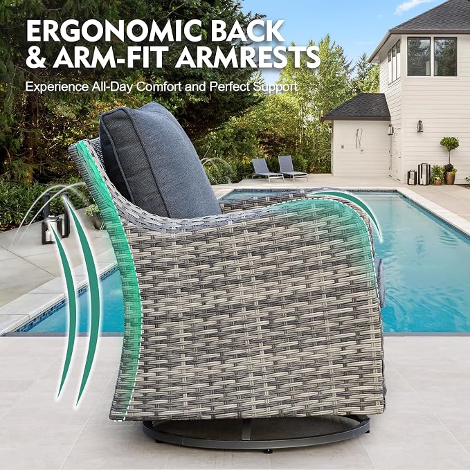 MEISSALIVVE 7 Pieces Patio Furniture Set with Swivel Chair, Wicker Patio Sofa, Rattan Conversation Set with Three-seat Sofa, 2 Ottomans and Loveseat for Lawn Backyard (Grey)