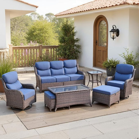 Belord Luxury 6" Thick Cushioned 7 Pieces Patio Furniture Set with Outdoor Couch, Wicker Outdoor Conversation Set with High Back Swivel Rocker Chairs for Deck Porch Yard and Poolside - Brown+Blue