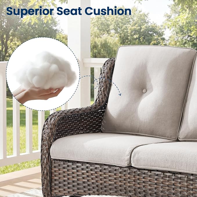 Patio Loveseat Sofa, Outdoor Wicker Loveseat with Luxury Thick Cushion, All-Weather Patio Furniture Set, Outdoor Glider Bench for Garden Balcony Backyard(Brown Wicker/Beige Cushion)