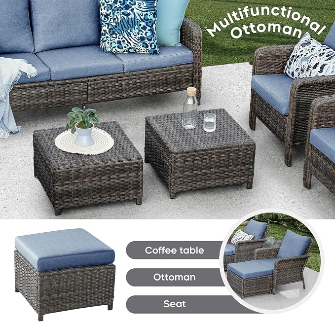 12 Seats Outdoor Patio Furniture Set with Fire Pit Table, High Back Swivel Chairs Conversation Sets with Ergonomic Backrest, Wicker Sectional Sofa with Gilder Chair for Yard Garden Porch, Blue