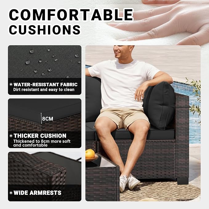 CHABATREE 7-Piece Outdoor Patio Furniture Sets, Manual Weaving Rattan Conversation Sectional Sofa with Tempered Glass Coffee Table, All-Weather PE Wicker & Thick Cushions for Garden, Backyard, Porch