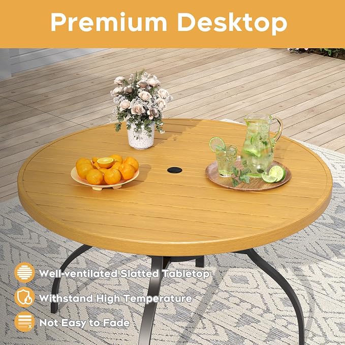 41" Round Outdoor Dining Table for 4, Metal Round Patio Table with Umbrella Hole, All-Weather Outdoor Patio Dining Table for Lawn Garden Deck Backyard (Brown)