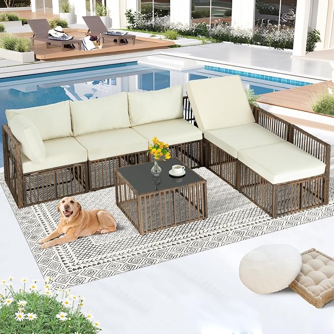 FHFO 7 Piece Outdoor Wicker Patio Furniture Set, Brown/Beige | Sectional Sofa | All-Weather Hand-Woven Rattan | Tempered Glass Coffee Table | Adjustable Backrest | Indoor & Outdoor Use