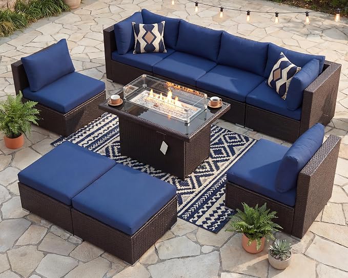 NICESOUL 9 Piece Patio Furniture Set with Fire Pit Natural Gas/Propane, 29.3'' High Back Comfy Outdoor Wicker Conversation Set, XL Large Deep Sitting Sectional Sets, Brown Rattan and Navy Blue Cushion
