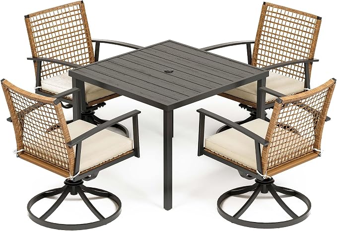 LAUSAINT HOME Outdoor Dining Table for 4, Square Table with Umbrella Hole, Weather Resistant Heavy Duty Metal Frame Table for Lawn Garden Backyard, L37 xW37 xH29