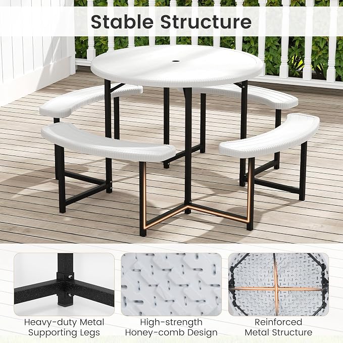LDAILY Picnic Tables with Benches, Round Picnic Dining Table with 1520 lbs Capacity Metal Frame, HDPE Tabletop & Umbrella Hole, 8-Person Plastic Picnic Tables for Outdoors, Patio, Lawn, Yard (White)