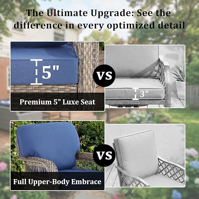 8 PCS Patio Furniture Set Outdoor Sectional Sofa Couch with Rocking Swivel Chairs 5" Deep Seat Chairs, Modern Wicker Rattan Conversation Set, Blue/Gray Wicker