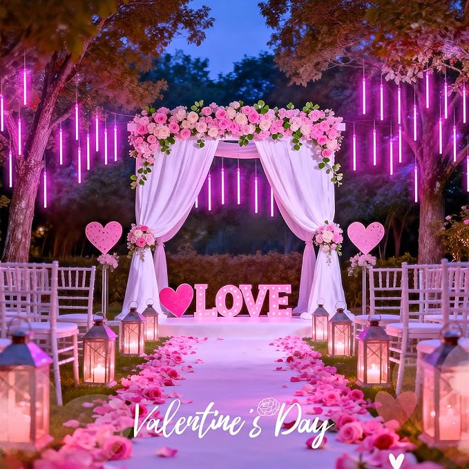 JMEXSUSS Pink Solar Meteor Shower Lights Outdoor, 8 Tube 144 LEDs | Solar Christmas Lights for Tree Eave Holiday Party Patio House Wedding Valentine's Day Decor