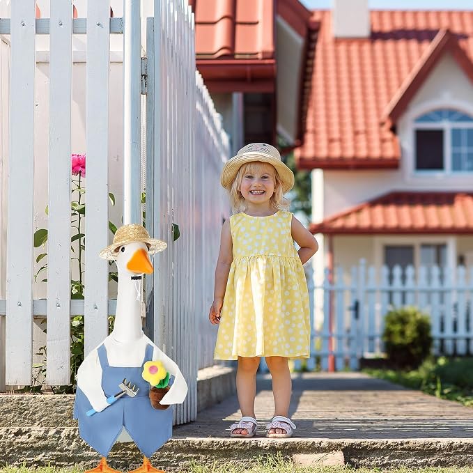 FuWeave Gardener Porch Goose Outfit Flower Goose Clothes for 23" Large Statue Outdoor Spring Summer Garden Yard Lawn Art Decoration, Overalls Gardener Gardening Enthusiast