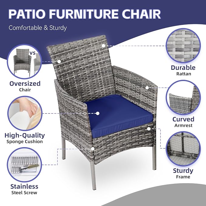 3 Pieces Patio Furniture Sets Outdoor PE Rattan Small Patio Furniture Set with Soft Cushion and Glass Coffee Table with Storage for Garden Backyard Porch Poolside WeatherResistantGrey/Darkblue