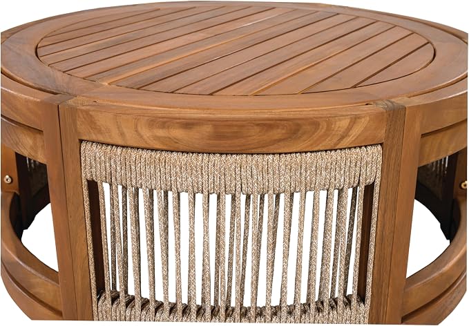 IRONORA Natural Acacia Wood Round Patio Coffee Table, Woven Rope Panel Drum Accent Cocktail Table, Slatted Top Outdoor Center Table for Backyard Balcony Living Room Coastal Farmhouse Decor