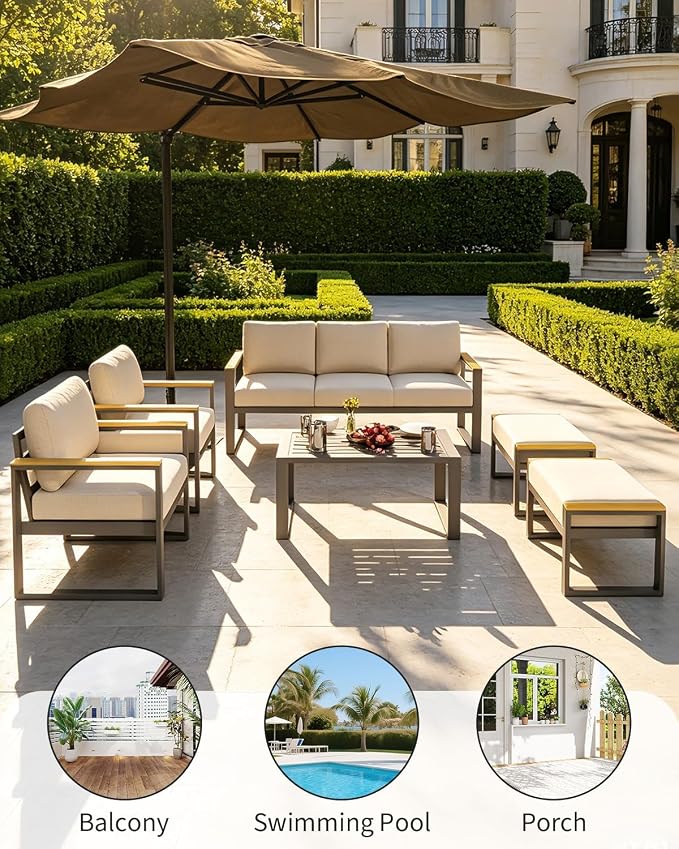 Modern Aluminum Patio Chair Set - All-Weather Metal Outdoor Furniture with Thick Washable Cushions - Includes Sofa and Coffee Table - Ideal for Balcony, Garden, Deck, Backyard - Beige