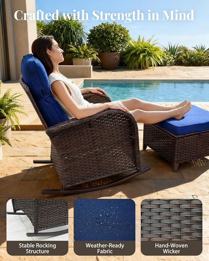 Luxury Patio Furniture Set with 6" Thick Cushions, High Back Outdoor Rocking Chairs and 3-seat Sofa, 5 Pcs All Weather Conversation Set for Porch Deck Poolside Yard (Blue)