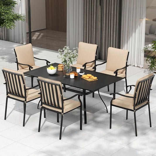 7 Piece Outdoor Patio Dining Set, 62’’ Rectangular Metal Dining Table with Umbrella Hole & 6pcs Outdoor Metal Dining Chairs, Outdoor Furniture Dining Set for Patio, Balcony, Lawn, Garden, Backyard