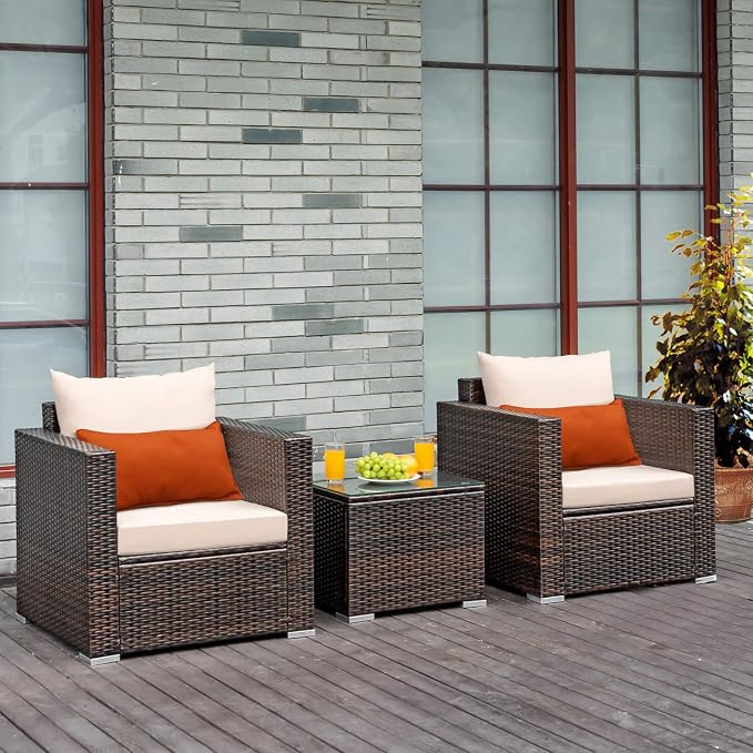 Tangkula 3 Pieces Patio Furniture Set, Outdoor Conversation Rattan Furniture Set w/Washable Cushion and Tempered Glass Tabletop, PE Rattan Wicker Sofa Set for Garden Poolside Balcony
