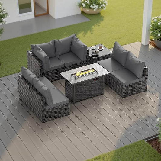 Patio Furniture Set, 8PCS Outdoor Sectional w/ Fire Pit Table PE Rattan Patio Conversation Set w/Thickened Cushion Patio Sectional Modular Wicker Patio Sofa Set w/Coffee Table for Balcony(Grey)