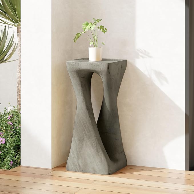 Christopher Knight Home Novi 26.8" H Lightweight Concrete Outdoor Side Table, Hollow Twist-Shaped Patio End Table, MGO Outdoor Coffee Table, Garden Plant Stand Indoor, Wood-Like Texture, Gray