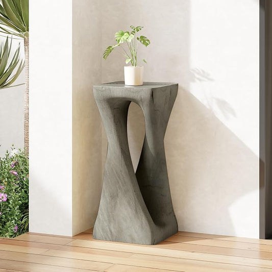 Christopher Knight Home Novi 26.8" H Lightweight Concrete Outdoor Side Table, Hollow Twist-Shaped Patio End Table, MGO Outdoor Coffee Table, Garden Plant Stand Indoor, Wood-Like Texture, Gray
