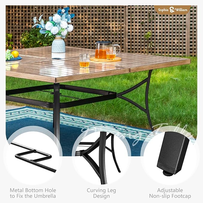 Sophia & William 57.5" Large Outdoor Patio Table for 8, Outdoor Square Metal Dining Table with 1.9" Adjustable Umbrella Hole, All Weather Wrought Iron Furniture Table for Garden Deck, Brown