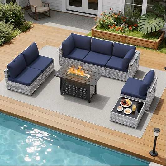 LOUVIXA 8 Piece Outdoor Patio Furniture Set, Outdoor Sectional Sofa with Firepit Table, Wicker Rattan Patio Furniture, Patio Conversation Set with Coffee Table & Cushions