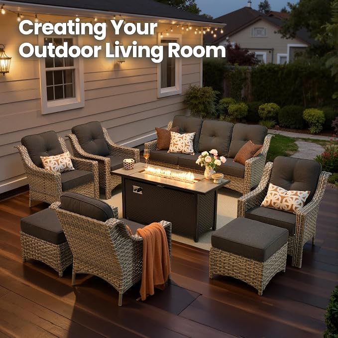 8 Piece Patio Furniture Set with Fire Pit Table, All Weather Wicker High Back Sofa Chairs Ottoman with Thick Cushion, Outdoor Conversation Sets for Large Backyard Deck Garden, Black