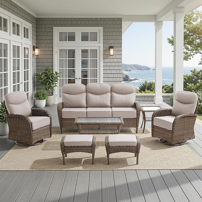 HUMMUH 7-Piece Patio Furniture Set with 6" Thick Cushion High Back Outdoor Swivel Rocker Chairs with 3-Seater Sofa,Coffee Table & Ottomans,Wicker Outdoor Conversation Set for Deck, Porch,Poolside