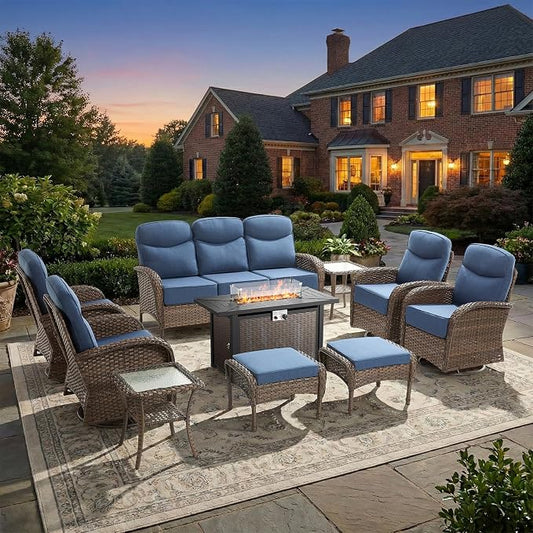Luxury Patio Furniture Set with Fire Pit Table, Outdoor Furniture Set with High Back Swivel Chairs & 6-inch Thick Cushions, 10 PCS Fire Pit Patio Set for Yard, Deck, Poolside, Brown/Blue