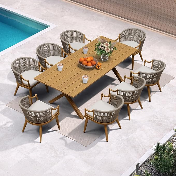 PURPLE LEAF 9 Pieces Outdoor Dining Set All Weather Wicker Patio Dining Set with Rectangular Aluminum Table and Modern Armrest Dining Chairs for Garden Deck Backyard Kitchen, Teak Finish
