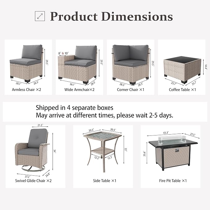 10 Pieces Patio Furniture Set with Fire Pit Table, Outdoor Sectional Wicker Sofa with Thick Cushions, High Back Swivel Rocker Patio Chairs, Rattan Conversation Set with Coffee Table, Grey