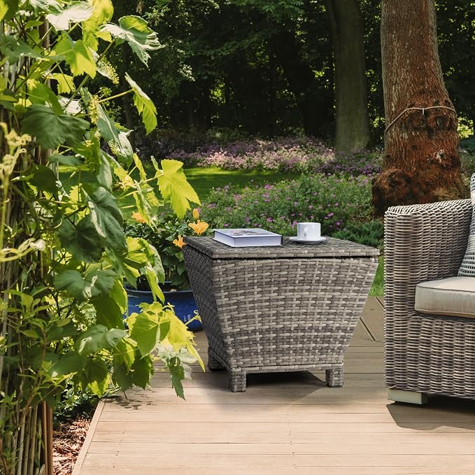 20in Outdoor PE Wicker Side Table,Trapezoidal Patio Rattan End Table,Outside Storage Bin Container,All-Weather Small Storage Box Tables,with Lid,for Garden Porch Poolside Deck Backyard (Grey)
