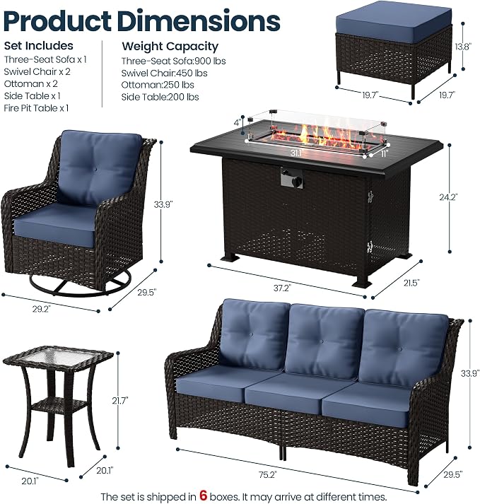 Kullavik 7 Pieces Patio Furniture Set,All-Weather Wicker High Back Outdoor Swivel Rocker Patio Chairs with Fire Pit Table & Thick Cushions,Paito Conversation Set for Porch,Deck,NavyBlue