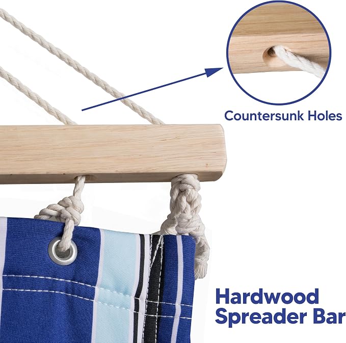 SUNCREAT Hammocks Quilted Fabric Hammock, Double Hammock with Spreader Bar, Soft Pillow, Max 475lbs Capacity, Blue Stripes