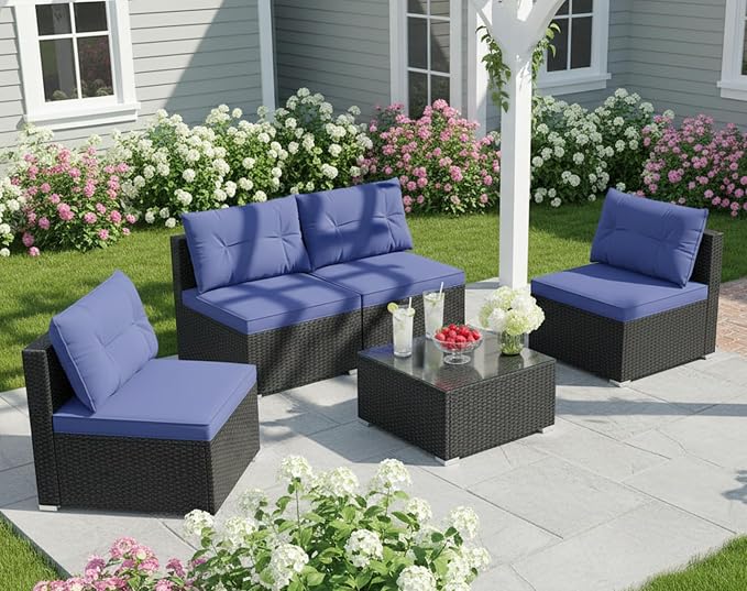 Tangkula 5 Piece Rattan Sofa Set, Outdoor Wicker Furniture Set w/Seat & Back Cushions, Square Coffee Table, Patio Sectional Sofa Set for Backyard, Poolside, Garden (Navy)