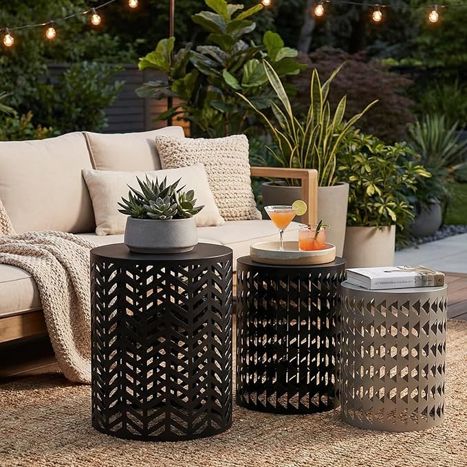 3 Set Small Patio Side Tables, 176Lbs, Round Outdoor Side Tables for Patio, Nesting Outdoor Table Set, Outside Metal End Tables, No Assembly Required