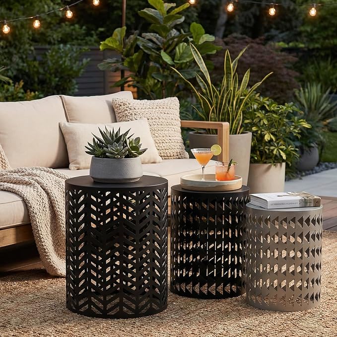 Round Coffee End Tables Set of 3 for Home Office Indoor Garden Outdoor | Multifunctional Nesting Outdoor Side Table, Modern Furniture Nightstands Decor Side Tables Plant Stand Metal Black and Gray