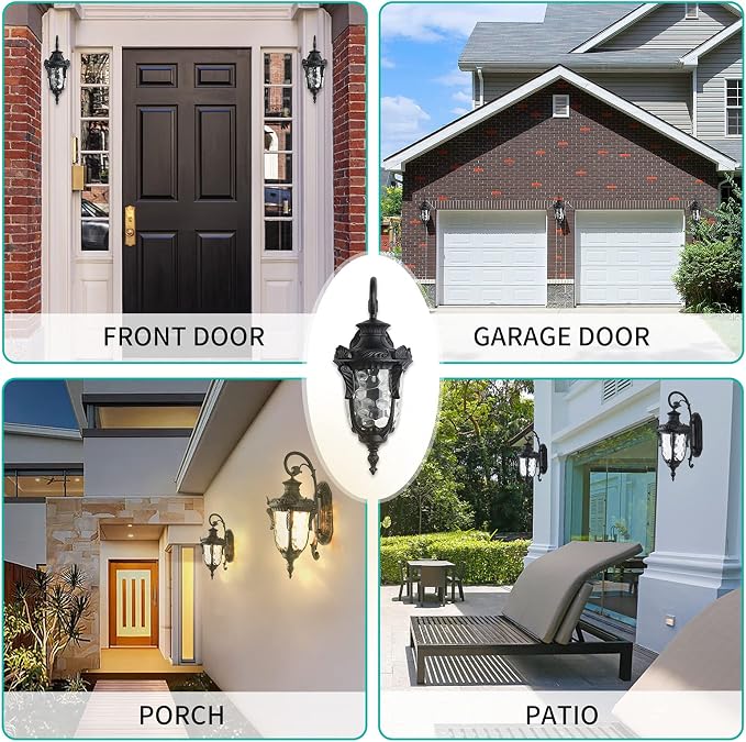 16.93” Outdoor Wall Light Fixture Black Exterior Wall Lantern | Outside Waterproof Sconce Rustic Porch Lights Wall Mount with Hammered Glass Shade for House