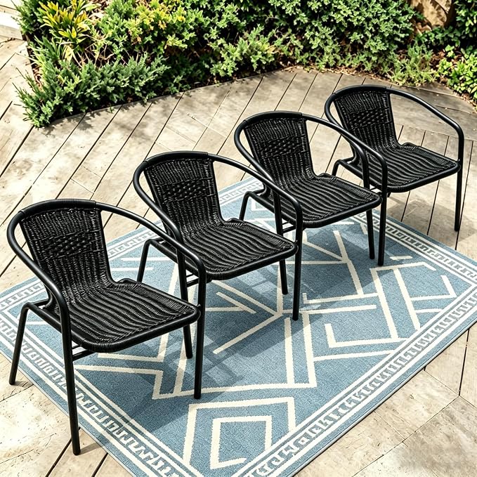 4 Stackable Wicker Patio Chairs, Weather-Resistant Outdoor Seating, Ideal for Balcony Porch Lawn & Small Patio Furniture Set Decor, Black