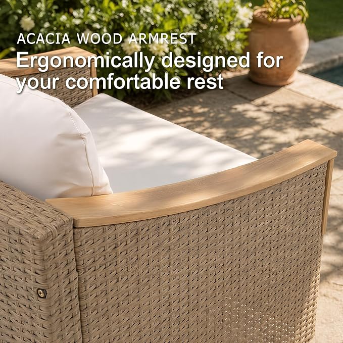 SUNSITT 4-Piece Wicker Patio Set with Swivel Chairs, Acacia Wood Accents | 3-seat rattan sofa,2 swivel chairs with acacia wood armrests, 2-layer wood top coffee table, thick cushions for backyard