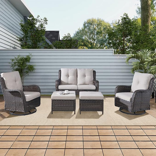 Rilyson 5 Piece Outdoor Patio Furniture Set - Rattan Wicker Patio Conversation Sets with 2 Swivel Rocker Chairs,2 Ottomans and 1 Loveseat for Outside Porch Deck Backyard(Brown/Beige)