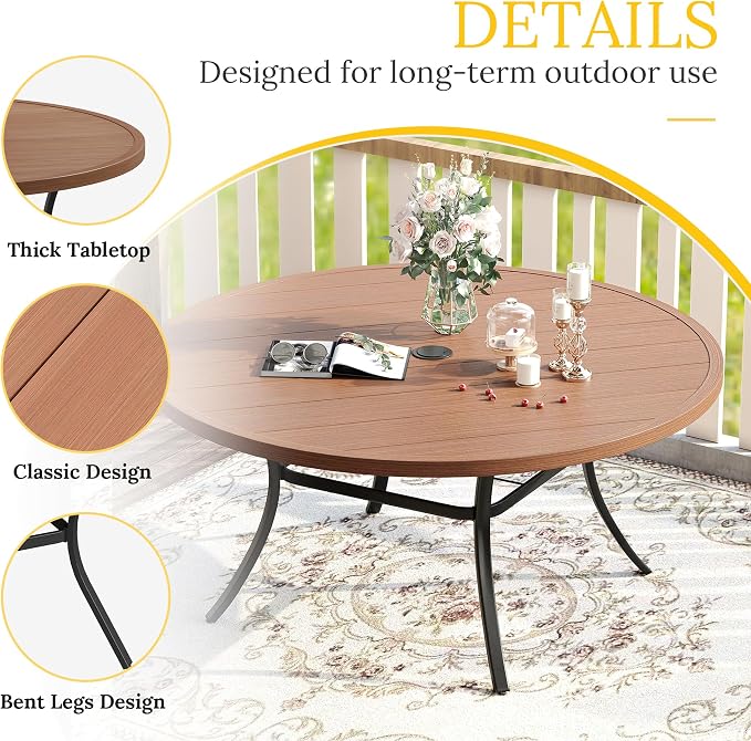 VICLLAX 63" Outdoor Round Patio Table with Umbrella Hole, All Weather Metal Round Outdoor Dining Table for Lawn Garden, 8-10 Person Table, Walnut Wood-Grain Tabletop