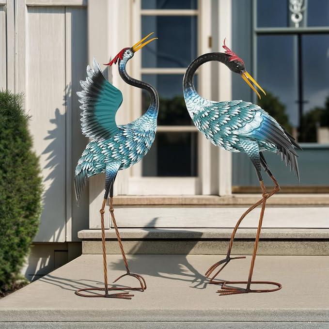 36.8" Metal Crane Statue, Blue Heron Decor Handcrafted | Garden Bird Animal Yard Art with Stable U-Ground Stakes, Lawn Ornament Decor