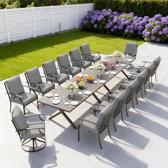 16 PCS Outdoor Patio Dining Set,Patio Table and Chairs Metal Outdoor Patio Furniture Set with Umbrella Hole,Dining Table Set with Swivel Chairs for Deck,Backyard and Garden,Grey