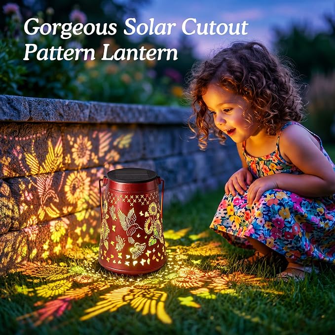 Hummingbird Solar Lanterns Waterproof Outdoor Solar Lights | Sunflower & Butterfly Patterns, Metal Hanging Lights for Patio & Yard, Garden Decor Gifts for Women, Mom & Grandma, 1 Pack