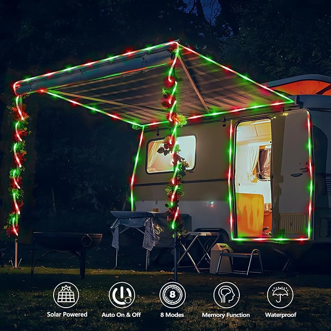 Jnaurb Solar Rope Lights, 66ft 200LED Solar String Lights, 8 Modes Waterproof Solar Outdoor Light, Flexible Clear Trampoline Light for Garden Backyard Patio Deck Porch Pool Tree Decor - Red & Green