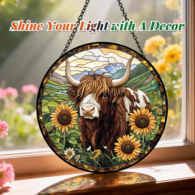 Highland Cow Stained Glass Suncatcher Window Hanging Gifts for Women Men | 7.8in Garden Sun Catcher, Cow Sunflowers Ornament for Windows Door Home, Mother's Day Birthday Gifts for Animal Lovers
